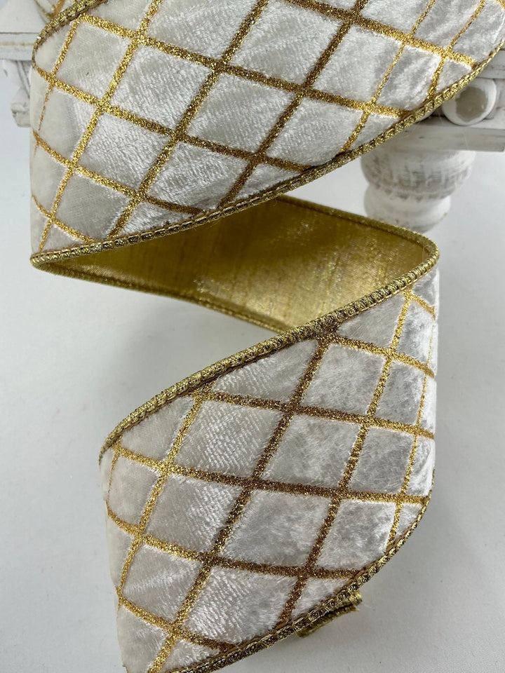 Farrisilk cream velvet w/ gold diamonds 2.5” ribbon - Greenery Marketwired ribbonRG453 - 62