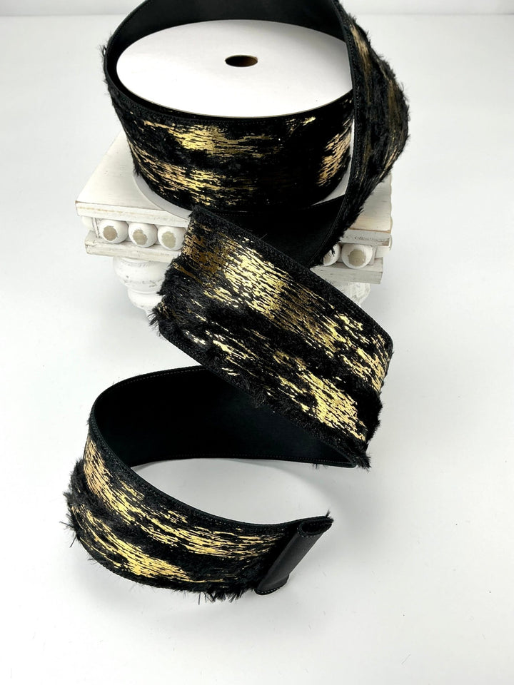 Farrisilk gold and black faux fur tree ribbon - 2.5” - Greenery Marketwired ribbonRa718 - 92