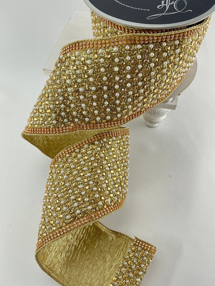 Farrisilk gold jewels pearls and diamonds wired ribbon - 4” - Greenery Marketwired ribbonRG055 - 50