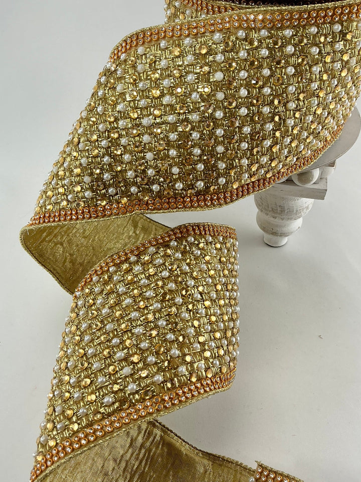 Farrisilk gold jewels pearls and diamonds wired ribbon - 4” - Greenery Marketwired ribbonRG055 - 50