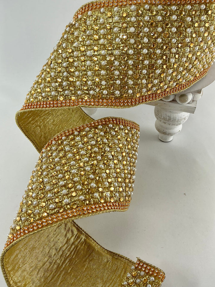 Farrisilk gold jewels pearls and diamonds wired ribbon - 4” - Greenery Marketwired ribbonRG055 - 50