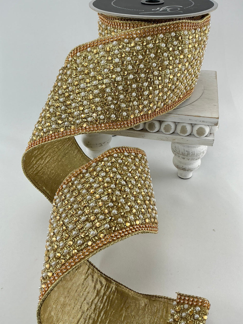 Farrisilk gold jewels pearls and diamonds wired ribbon - 4” - Greenery Marketwired ribbonRG055 - 50