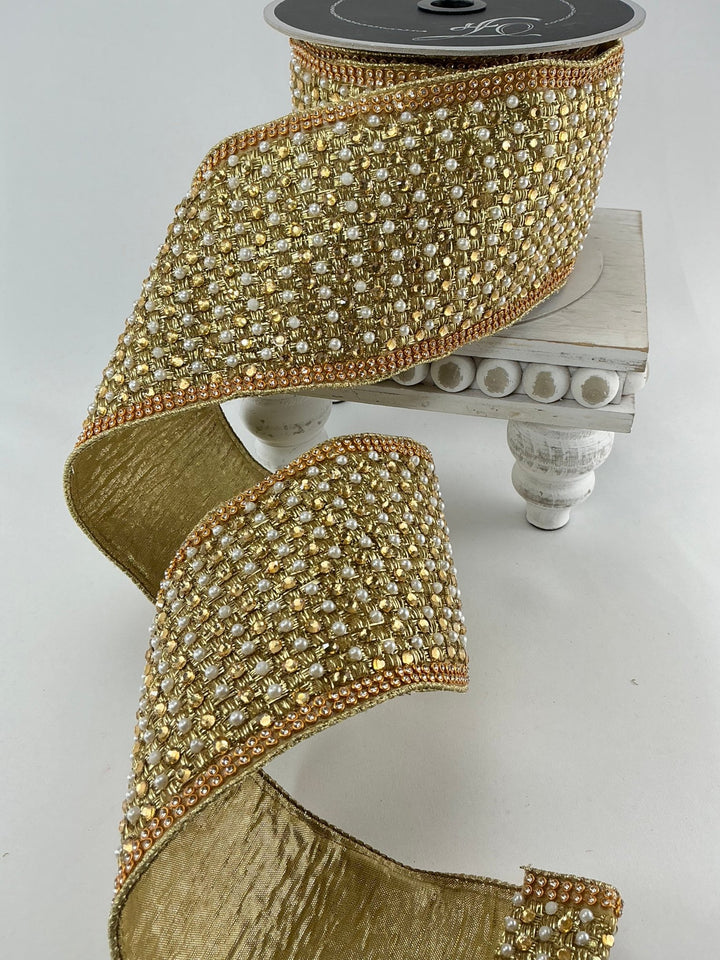 Farrisilk gold jewels pearls and diamonds wired ribbon - 4” - Greenery Marketwired ribbonRG055 - 50