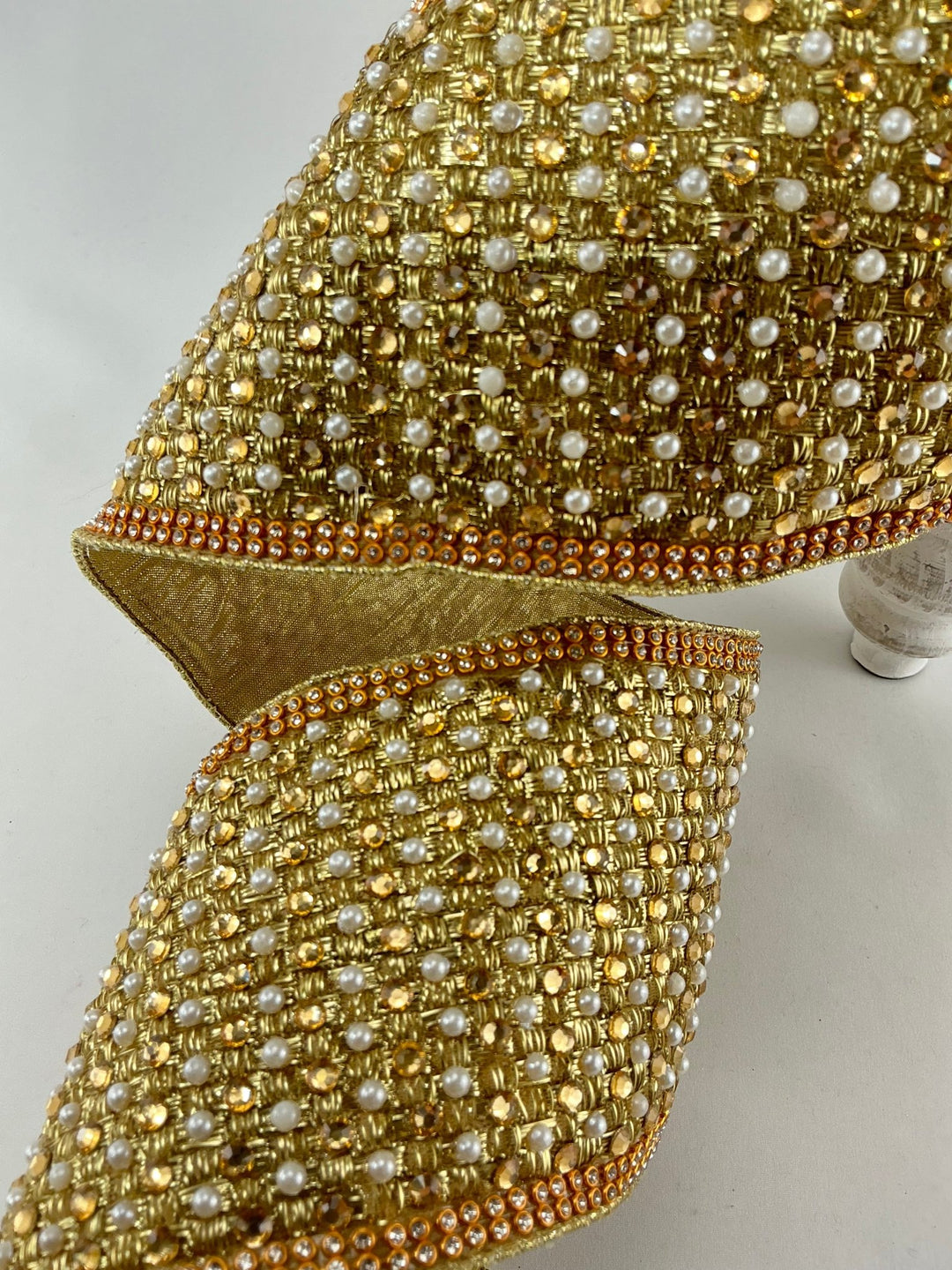 Farrisilk gold jewels pearls and diamonds wired ribbon - 4” - Greenery Marketwired ribbonRG055 - 50