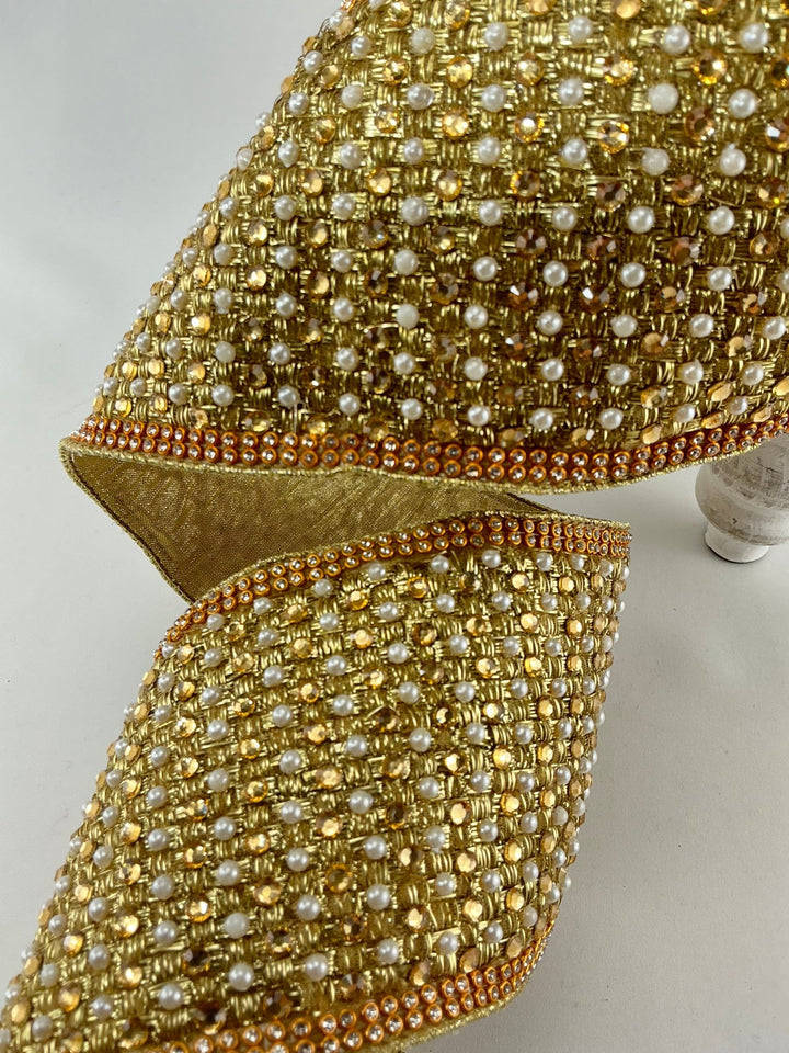 Farrisilk gold jewels pearls and diamonds wired ribbon - 4” - Greenery Marketwired ribbonRG055 - 50
