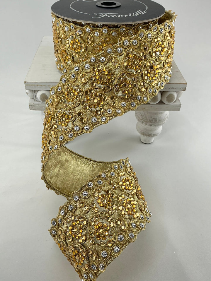 Farrisilk gold jewels wired ribbon - 2.5” - Greenery Marketwired ribbonRG704 - 50