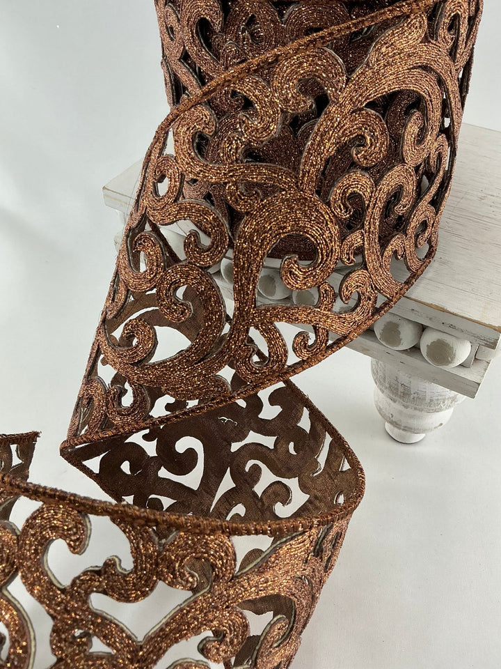 Farrisilk heirloom lace, bronze, tree ribbon - 4” - Greenery Marketwired ribbonRK671 - 29