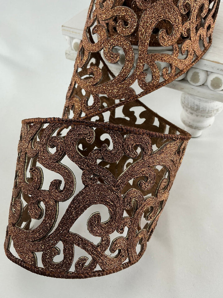 Farrisilk heirloom lace, bronze, tree ribbon - 4” - Greenery Marketwired ribbonRK671 - 29