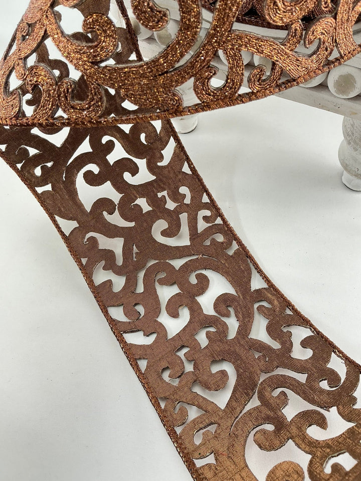 Farrisilk heirloom lace, bronze, tree ribbon - 4” - Greenery Marketwired ribbonRK671 - 29