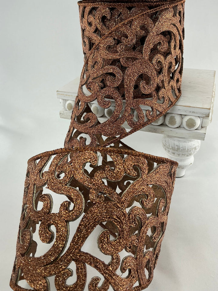 Farrisilk heirloom lace, bronze, tree ribbon - 4” - Greenery Marketwired ribbonRK671 - 29