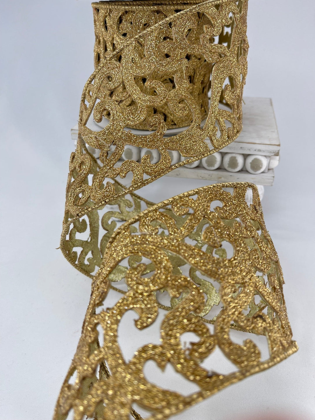 Farrisilk heirloom lace, gold, tree ribbon - 4” - Greenery Marketwired ribbonRK671 - 50