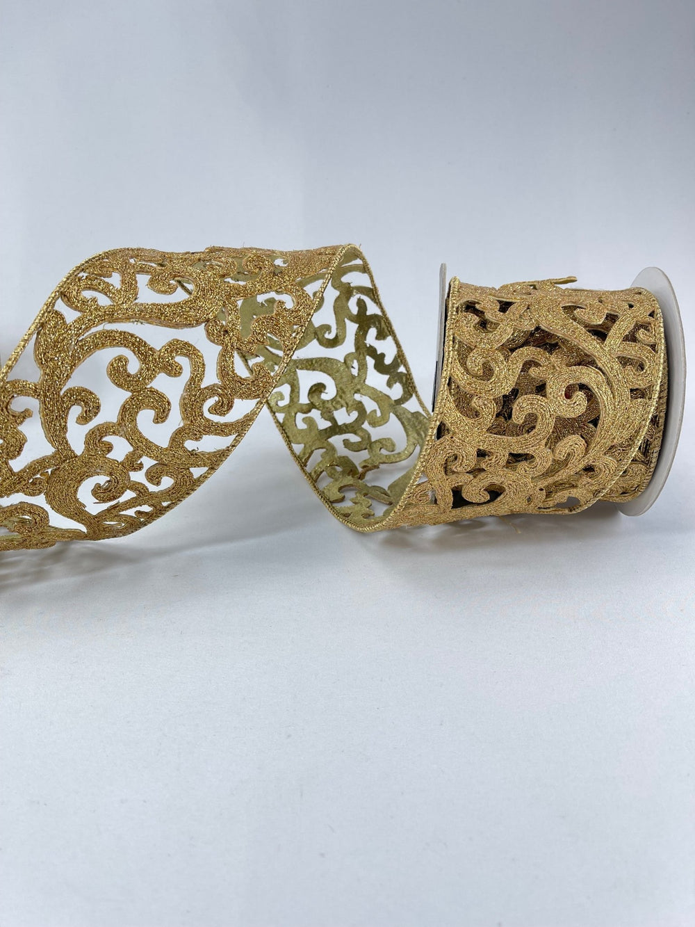 Farrisilk heirloom lace, gold, tree ribbon - 4” - Greenery Marketwired ribbonRK671 - 50