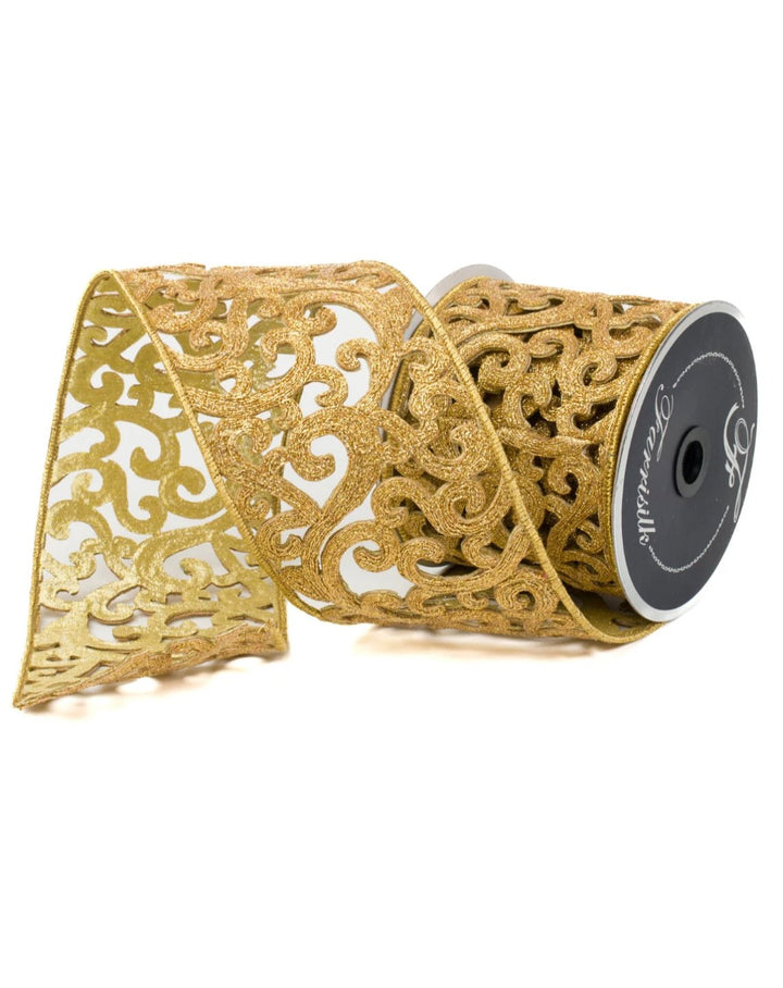 Farrisilk heirloom lace, gold, tree ribbon - 4” - Greenery Marketwired ribbonRK671 - 50