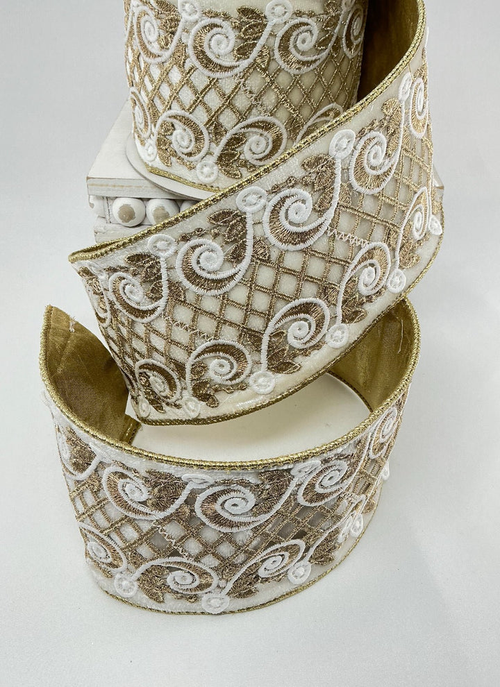 Farrisilk ivory velvet w/ gold lattice ribbon - 4” - Greenery Marketwired ribbonRK680 - 62