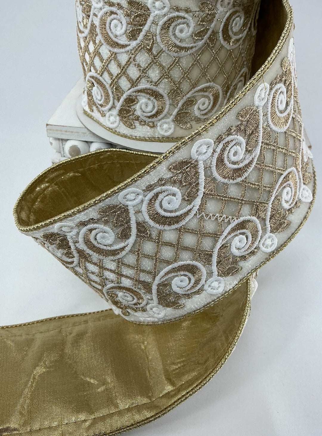 Farrisilk ivory velvet w/ gold lattice ribbon - 4” - Greenery Marketwired ribbonRK680 - 62