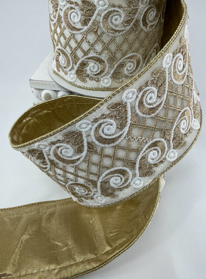 Farrisilk ivory velvet w/ gold lattice ribbon - 4” - Greenery Marketwired ribbonRK680 - 62