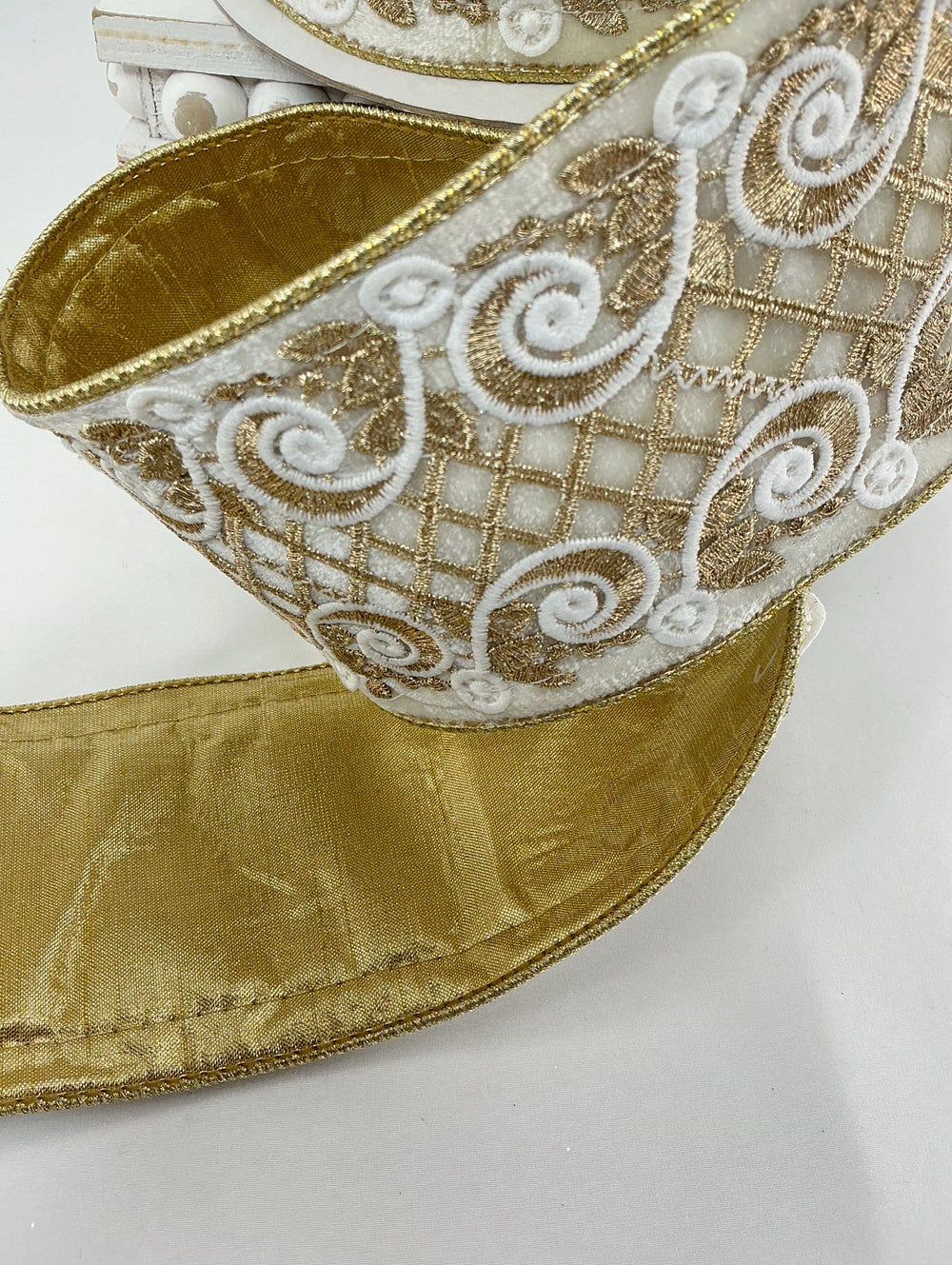 Farrisilk ivory velvet w/ gold lattice ribbon - 4” - Greenery Marketwired ribbonRK680 - 62