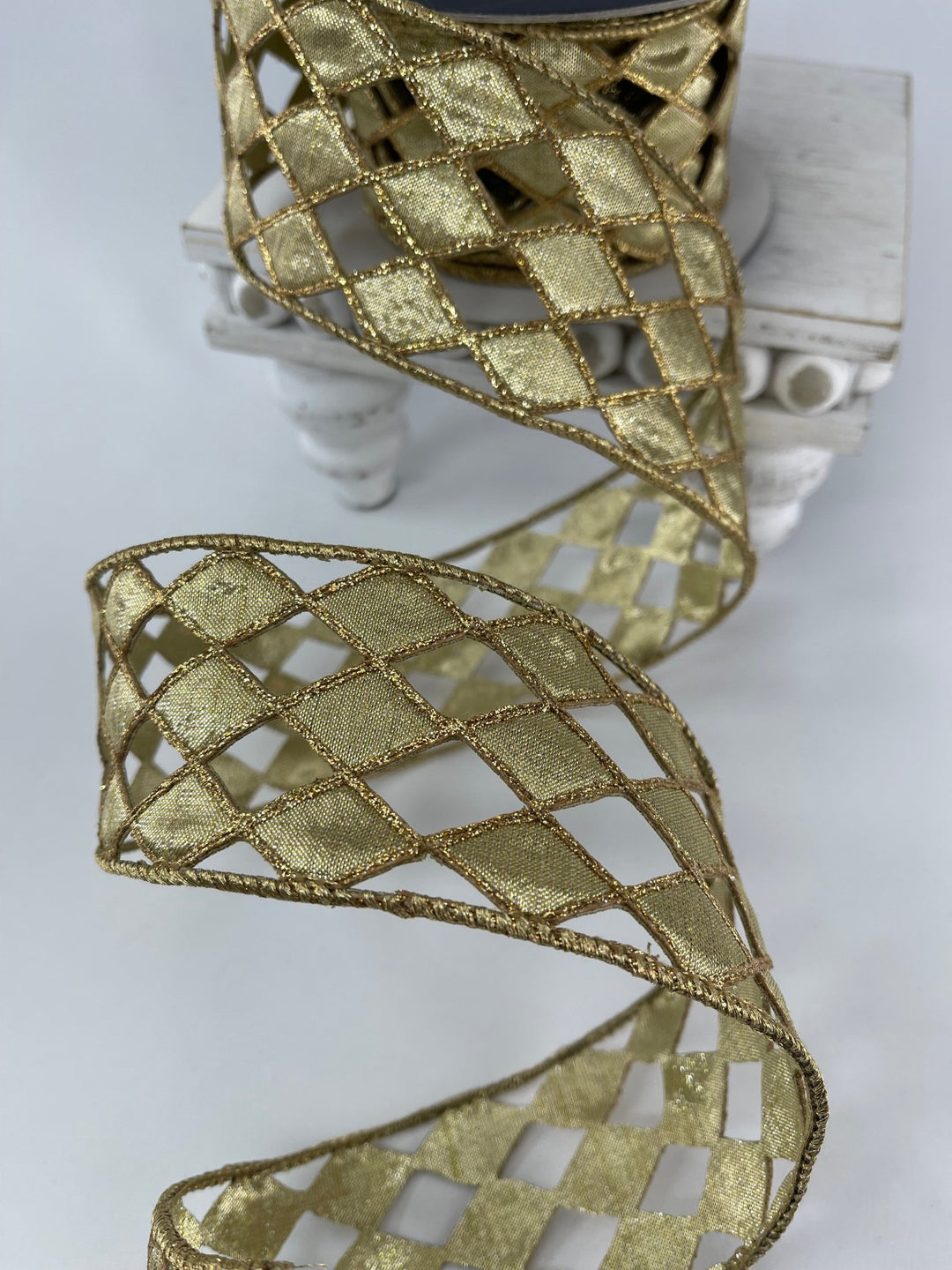 Farrisilk jester diamond lace, gold, ribbon - 2.5” - Greenery Marketwired ribbonRG938 - 50