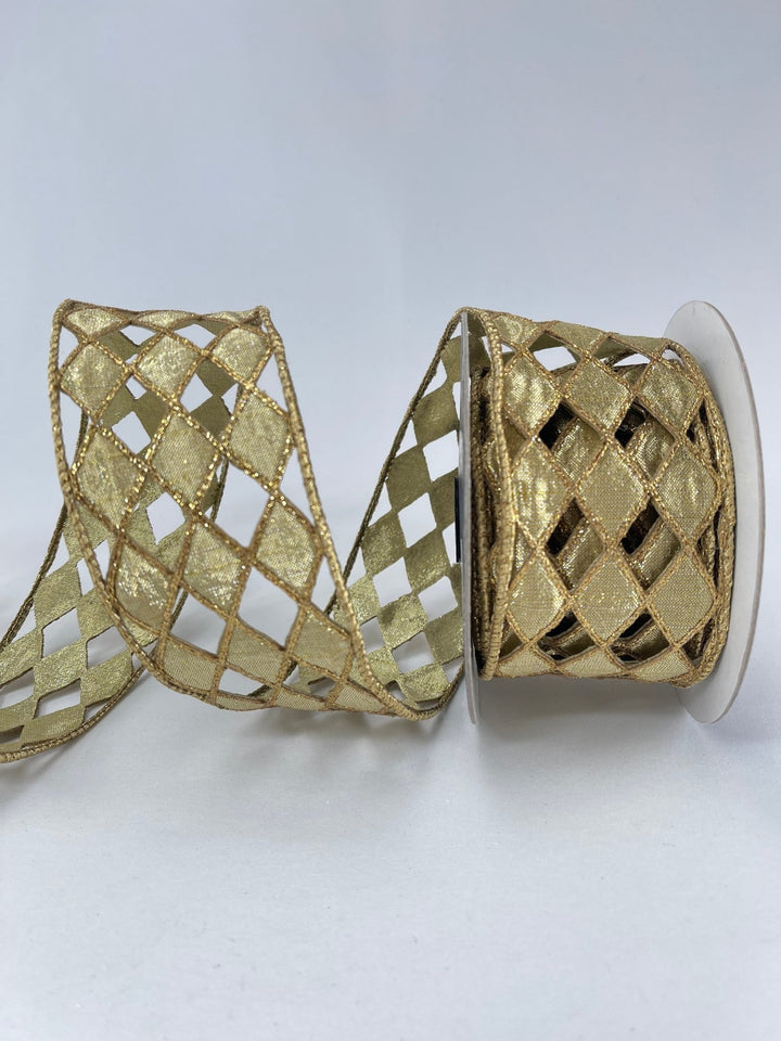 Farrisilk jester diamond lace, gold, ribbon - 2.5” - Greenery Marketwired ribbonRG938 - 50