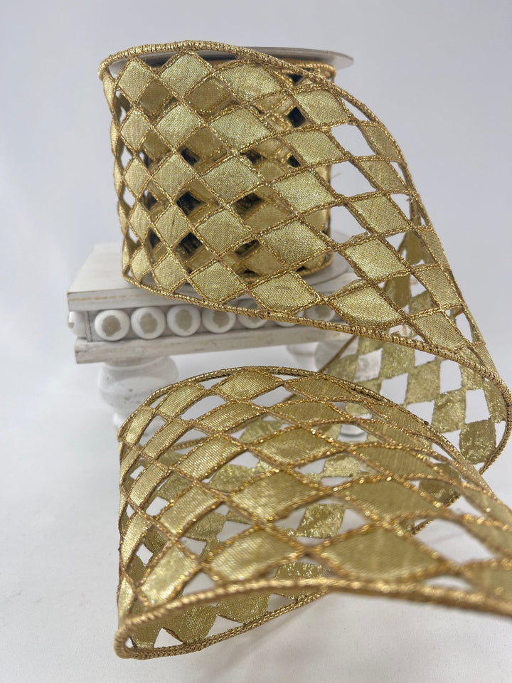 Farrisilk jester diamond lace, gold, tree ribbon - 4” - Greenery Marketwired ribbonRG930 - 50