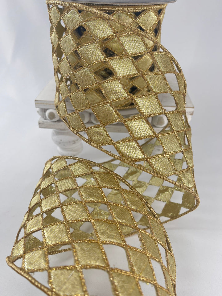 Farrisilk jester diamond lace, gold, tree ribbon - 4” - Greenery Marketwired ribbonRG930 - 50