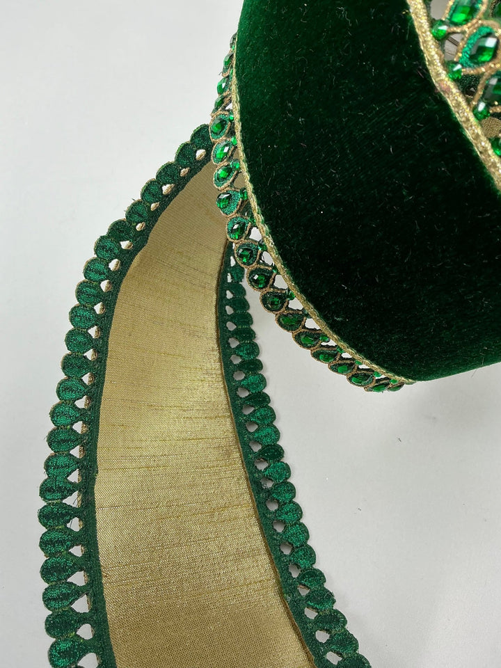 Farrisilk jewel border on emerald green velvet ribbon - 4” - Greenery Marketwired ribbonRK361 - 55