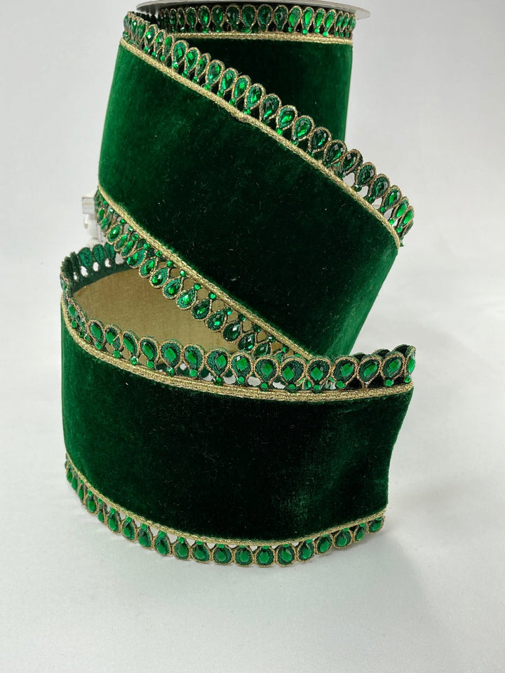 Farrisilk jewel border on emerald green velvet ribbon - 4” - Greenery Marketwired ribbonRK361 - 55