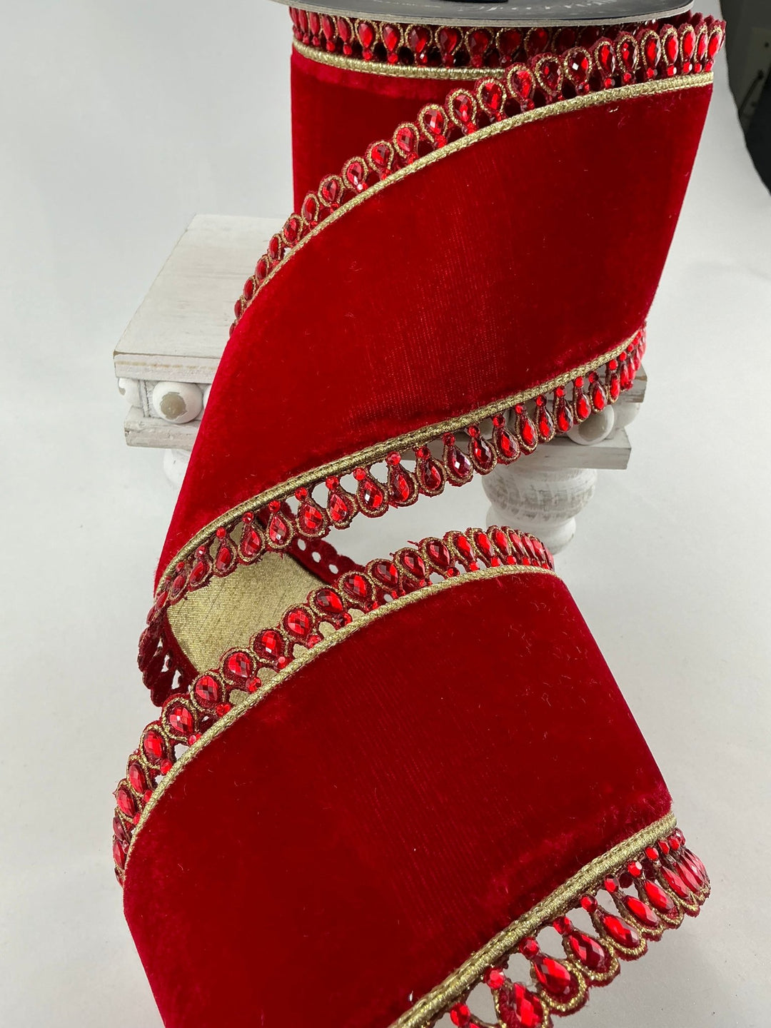 Farrisilk jewel border on red velvet ribbon - 4” - Greenery Marketwired ribbonRK361 - 02