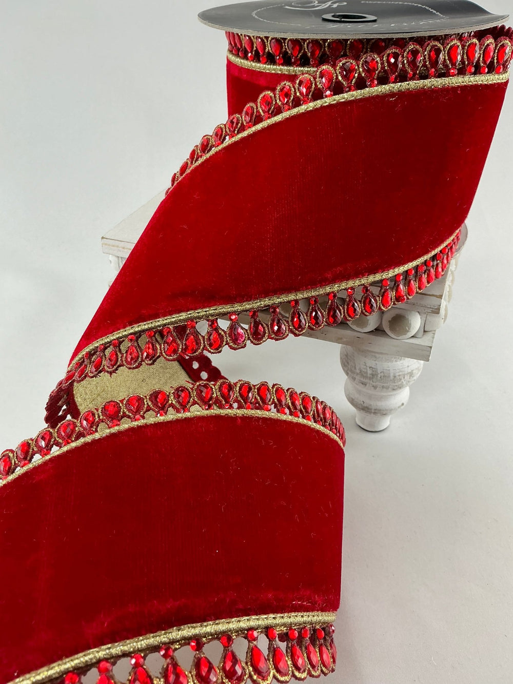 Farrisilk jewel border on red velvet ribbon - 4” - Greenery Marketwired ribbonRK361 - 02