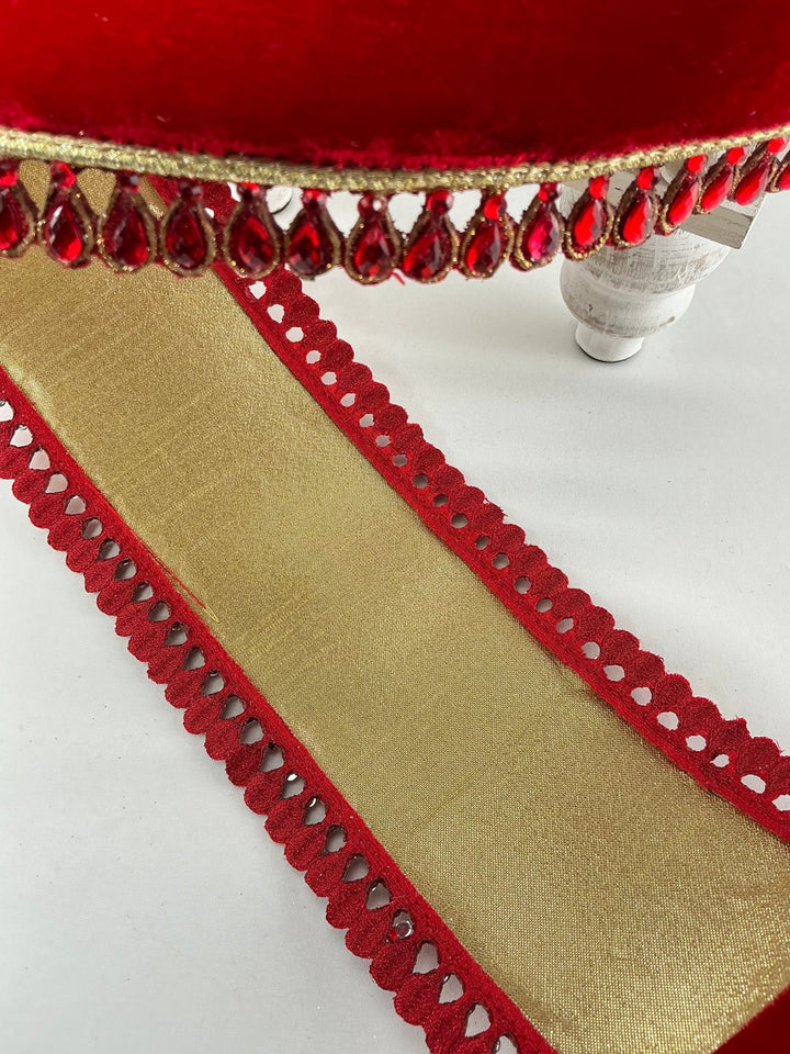 Farrisilk jewel border on red velvet ribbon - 4” - Greenery Marketwired ribbonRK361 - 02