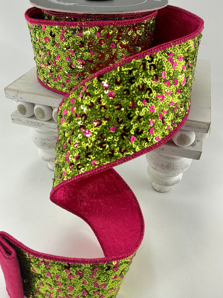 Farrisilk, pink and lime green flashy sequins 2.5” wired ribbon - Greenery MarketRibbons & TrimRK746 - 08