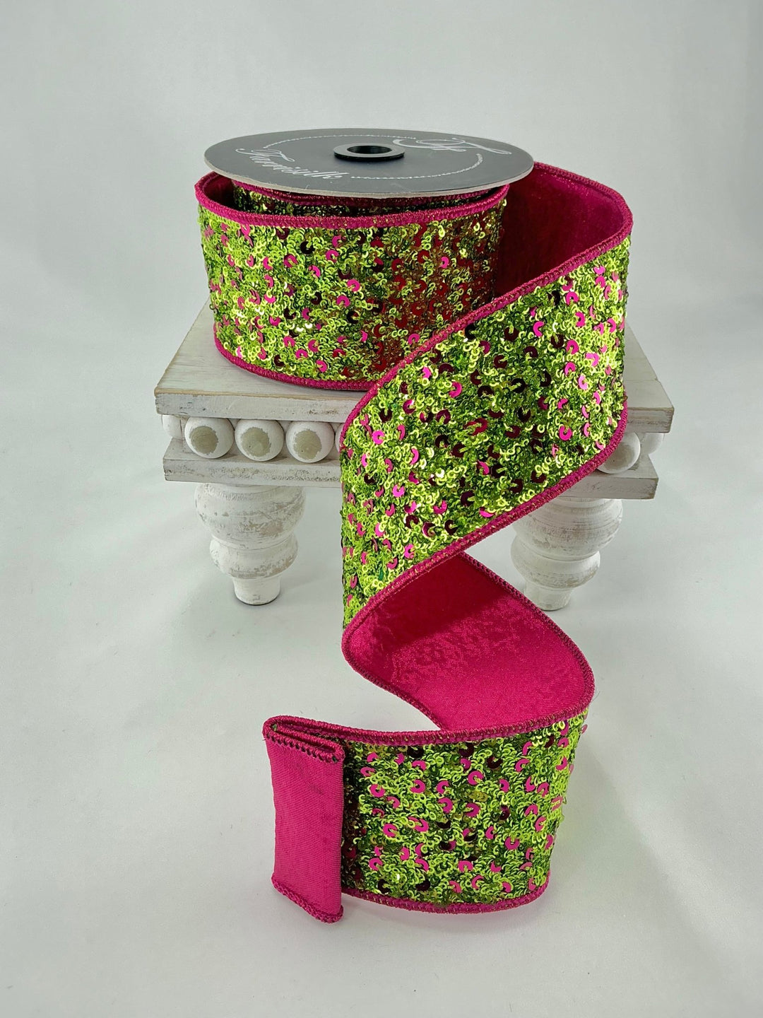 Farrisilk, pink and lime green flashy sequins 2.5” wired ribbon - Greenery MarketRibbons & TrimRK746 - 08