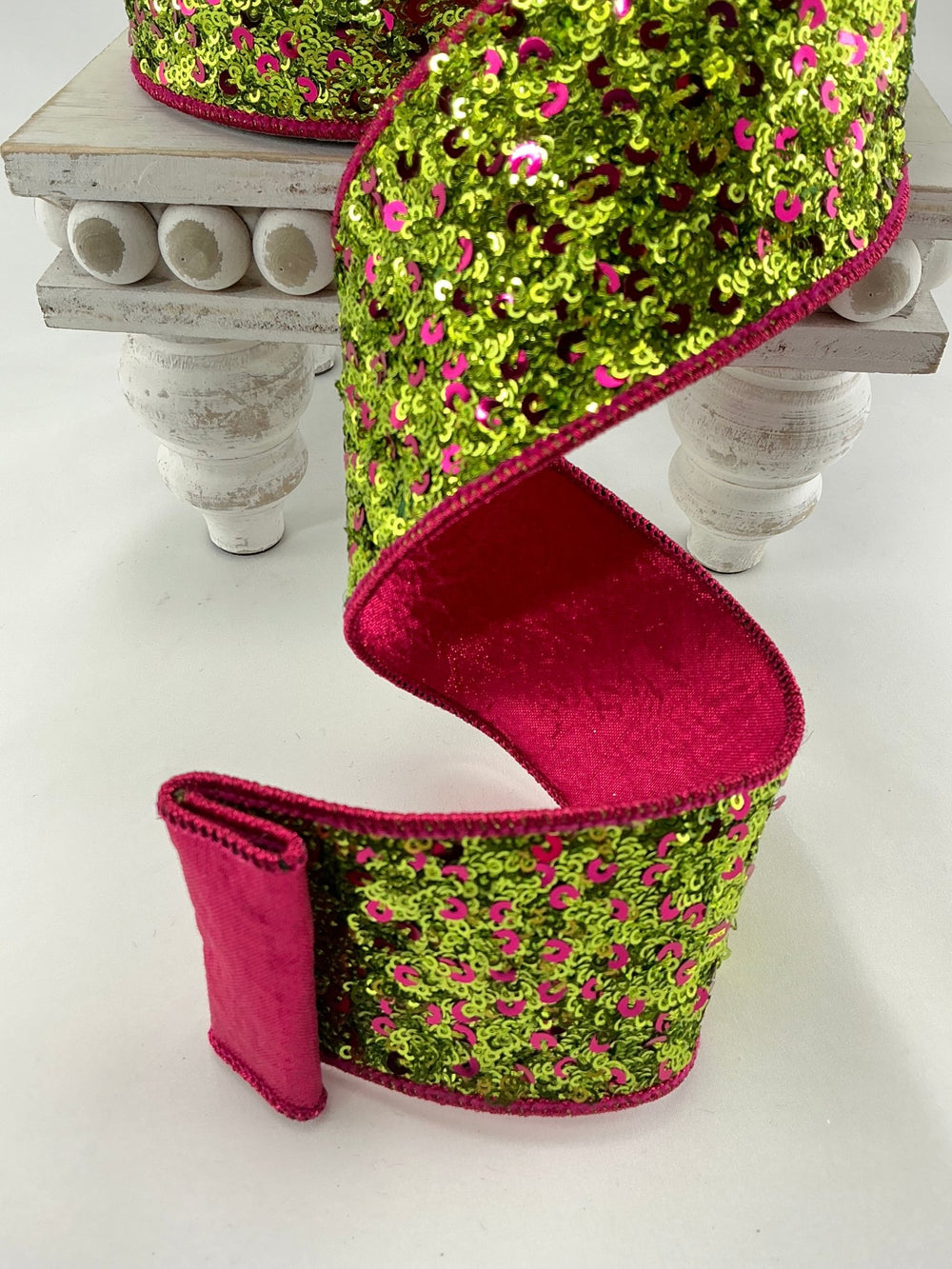 Farrisilk, pink and lime green flashy sequins 2.5” wired ribbon - Greenery MarketRibbons & TrimRK746 - 08