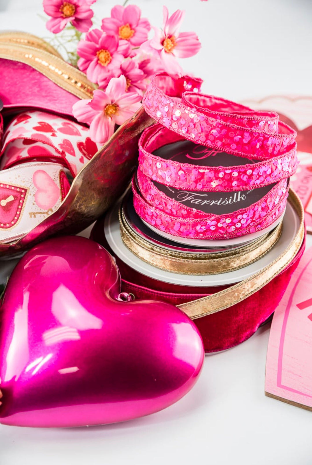 Farrisilk, pink flashy sequins 1” wired ribbon - Greenery MarketRibbons & TrimRC052 - 08