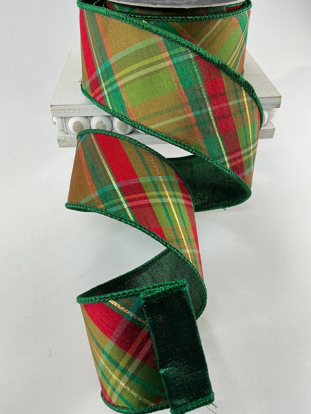 Farrisilk plaid glitz Christmas tree ribbon - 2.5” - Greenery Marketwired ribbonRK700 - 48