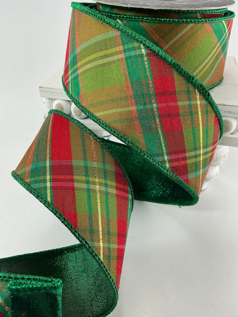 Farrisilk plaid glitz Christmas tree ribbon - 2.5” - Greenery Marketwired ribbonRK700 - 48