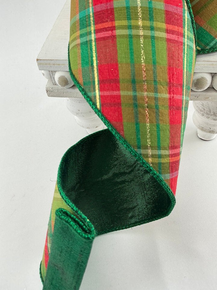 Farrisilk plaid glitz Christmas tree ribbon - 4” - Greenery Marketwired ribbonRK701 - 48