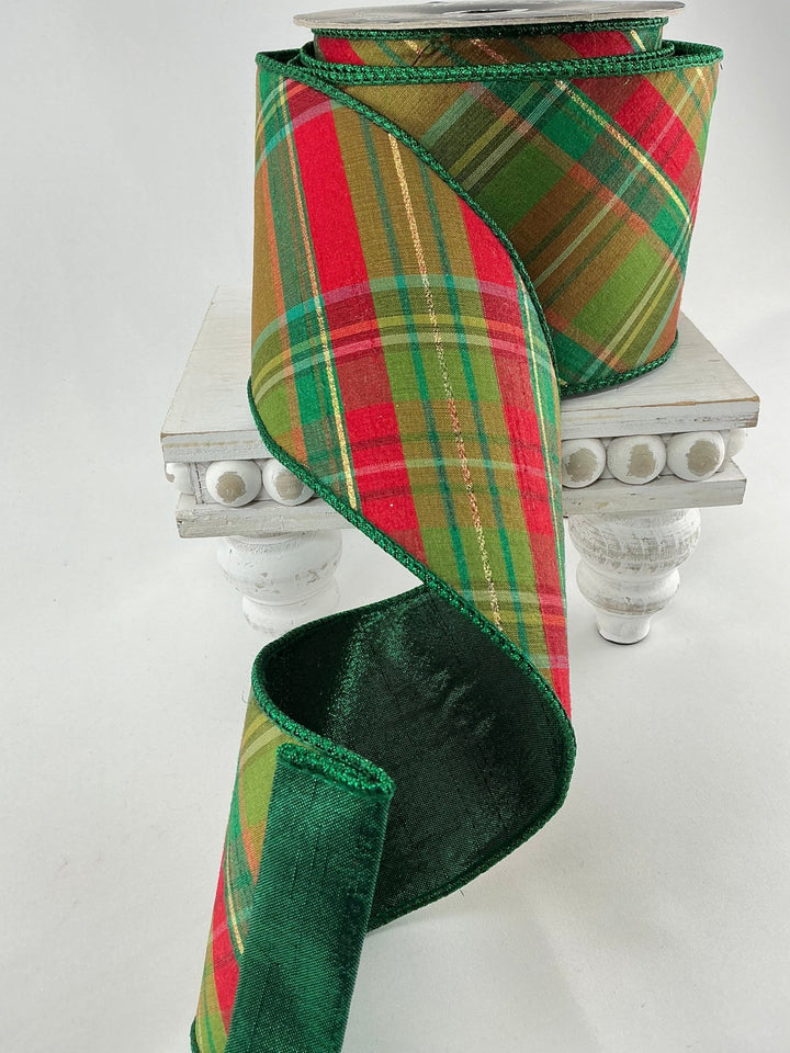 Farrisilk plaid glitz Christmas tree ribbon - 4” - Greenery Marketwired ribbonRK701 - 48