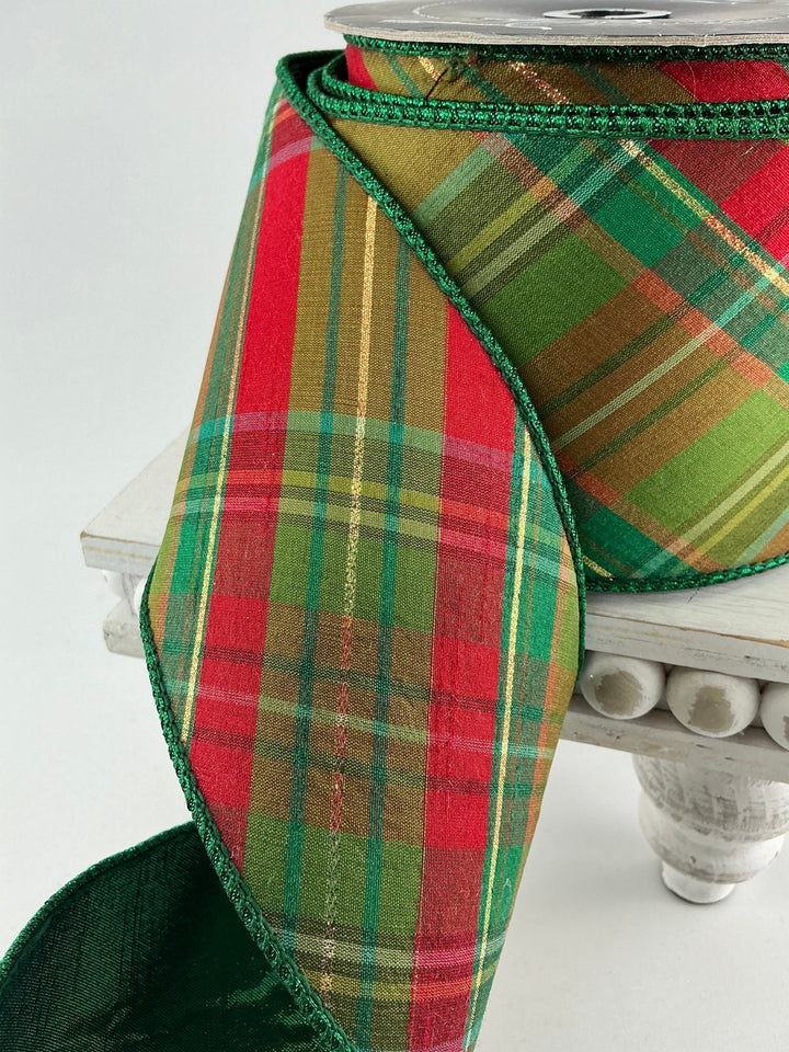 Farrisilk plaid glitz Christmas tree ribbon - 4” - Greenery Marketwired ribbonRK701 - 48
