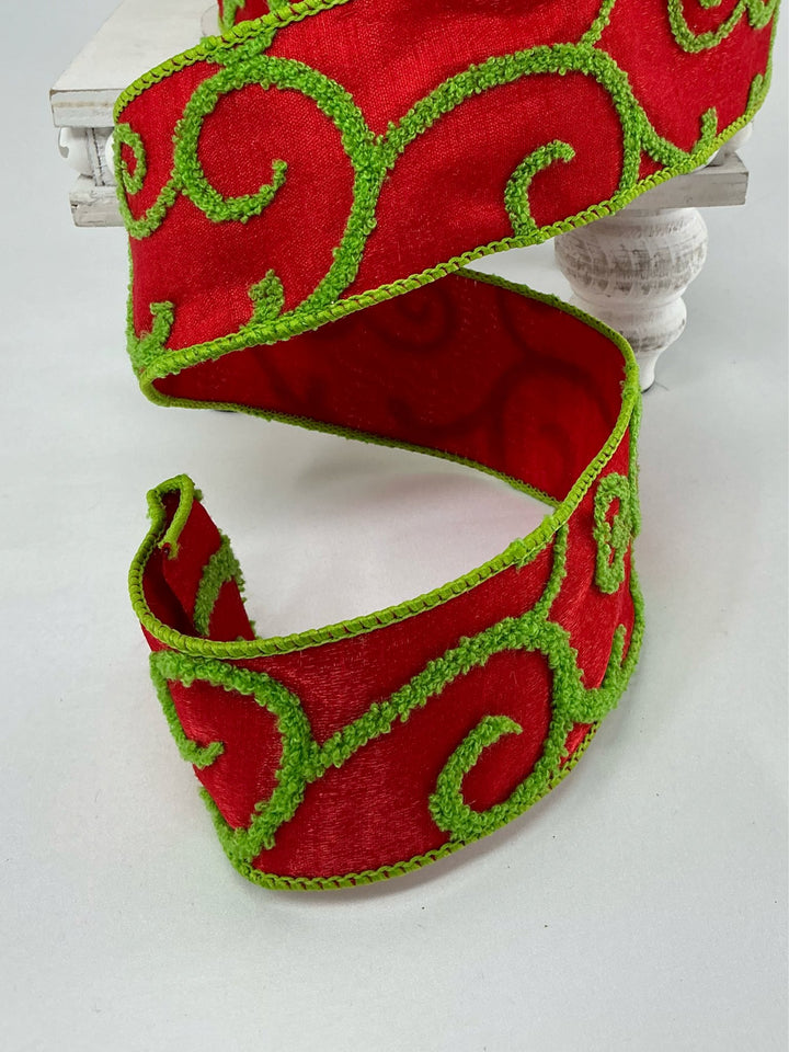 Farrisilk, red and lime green raised swirls 2.5” wired ribbon - Greenery MarketRibbons & TrimRG865 - 47