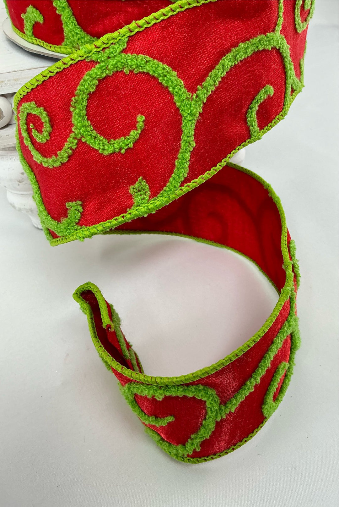 Farrisilk, red and lime green raised swirls 2.5” wired ribbon - Greenery MarketRibbons & TrimRG865 - 47