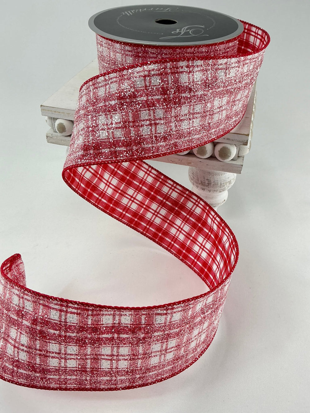 Farrisilk Red and white glittered sugar plaid 2.5” wired ribbon - Greenery MarketRibbons & TrimRA489 - 02