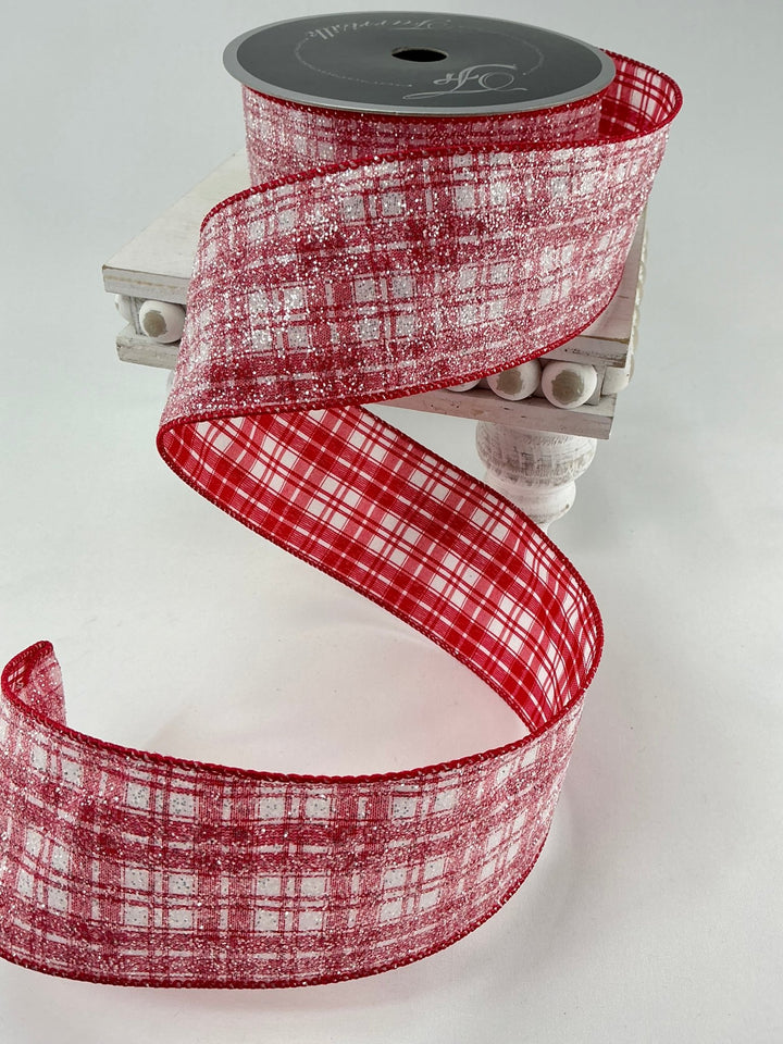 Farrisilk Red and white glittered sugar plaid 2.5” wired ribbon - Greenery MarketRibbons & TrimRA489 - 02