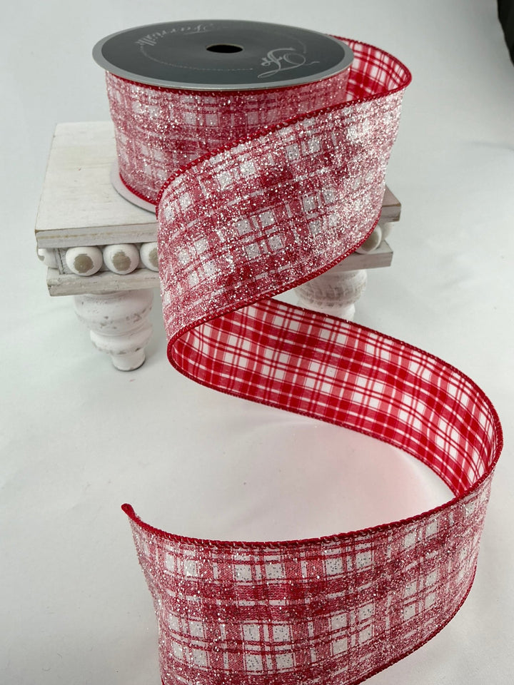 Farrisilk Red and white glittered sugar plaid 2.5” wired ribbon - Greenery MarketRibbons & TrimRA489 - 02