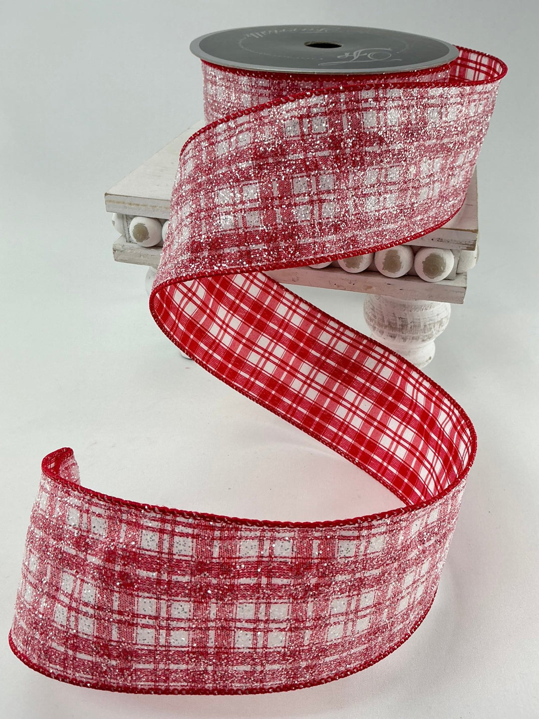 Farrisilk Red and white glittered sugar plaid 2.5” wired ribbon - Greenery MarketRibbons & TrimRA489 - 02