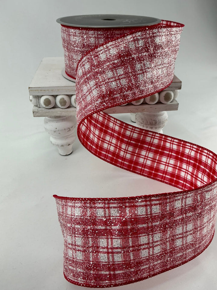 Farrisilk Red and white glittered sugar plaid 2.5” wired ribbon - Greenery MarketRibbons & TrimRA489 - 02