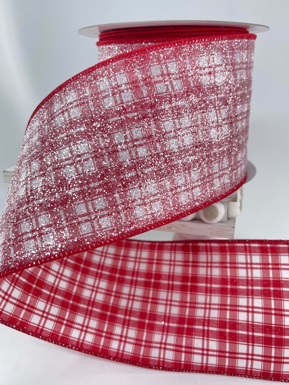 Farrisilk Red and white glittered sugar plaid 4” wired ribbon - Greenery MarketRibbons & TrimRA490 - 02