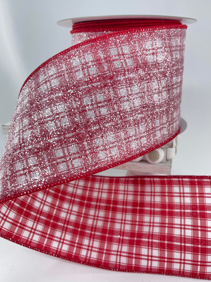 Farrisilk Red and white glittered sugar plaid 4” wired ribbon - Greenery MarketRibbons & TrimRA490 - 02