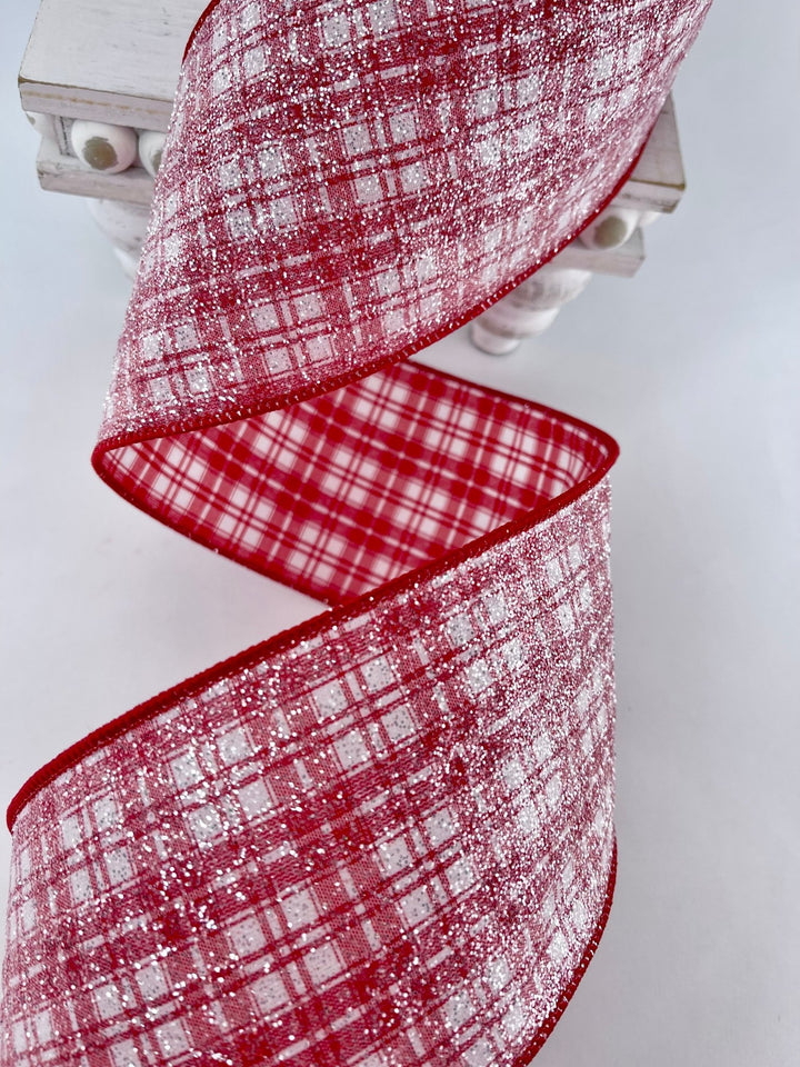 Farrisilk Red and white glittered sugar plaid 4” wired ribbon - Greenery MarketRibbons & TrimRA490 - 02
