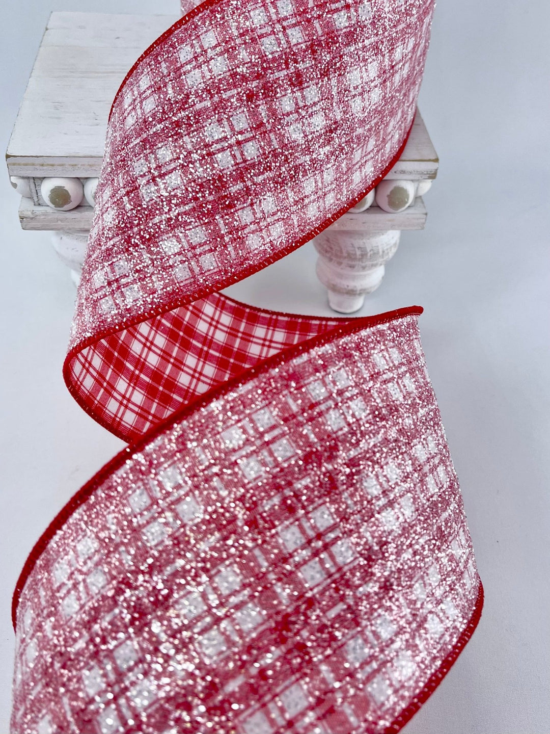Farrisilk Red and white glittered sugar plaid 4” wired ribbon - Greenery MarketRibbons & TrimRA490 - 02